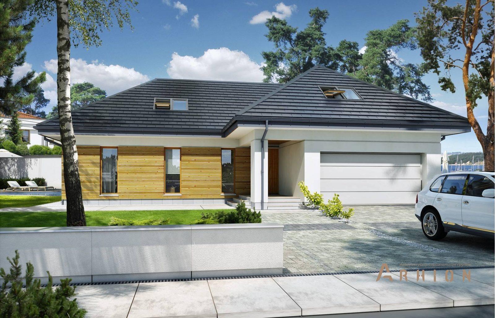 1. Проект одноэтажного дома в современном стиле с плоской кровлей , BY-3, площадью - 164 кв c мансардой, гаражом