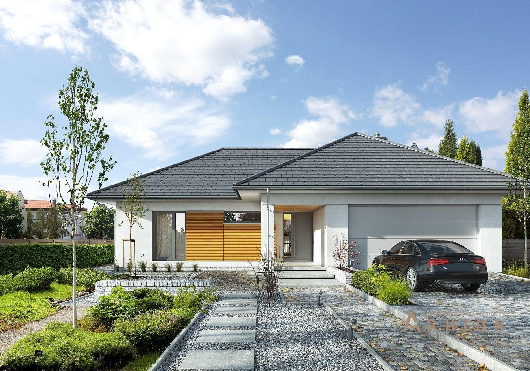 1. Проект одноэтажного дома в современном стиле с плоской кровлей , BY-4, площадью - 155 кв c терассой, гаражом