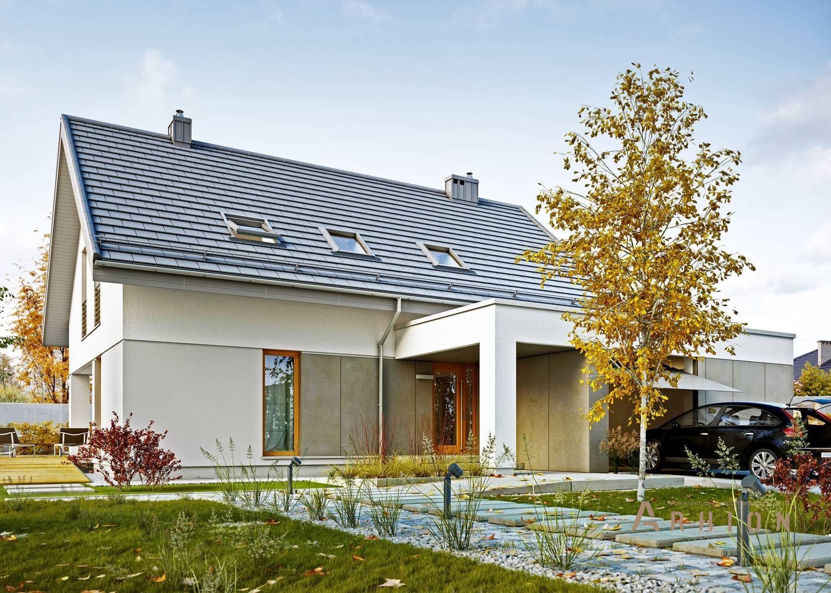 2. Проект одноэтажного дома в современном стиле с двускатной кровлей, BY-5, площадью - 189 кв c мансардой, гаражом