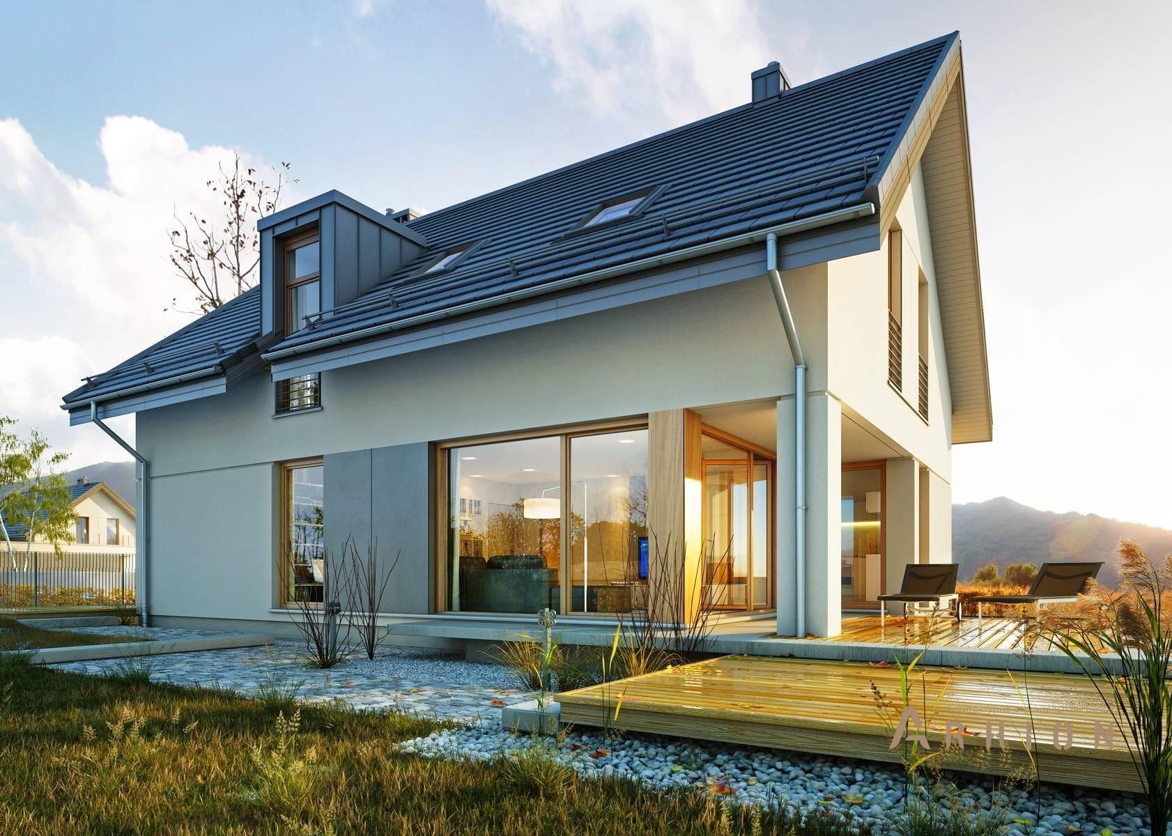 1. Проект одноэтажного дома в современном стиле с двускатной кровлей, BY-5, площадью - 189 кв c мансардой, гаражом