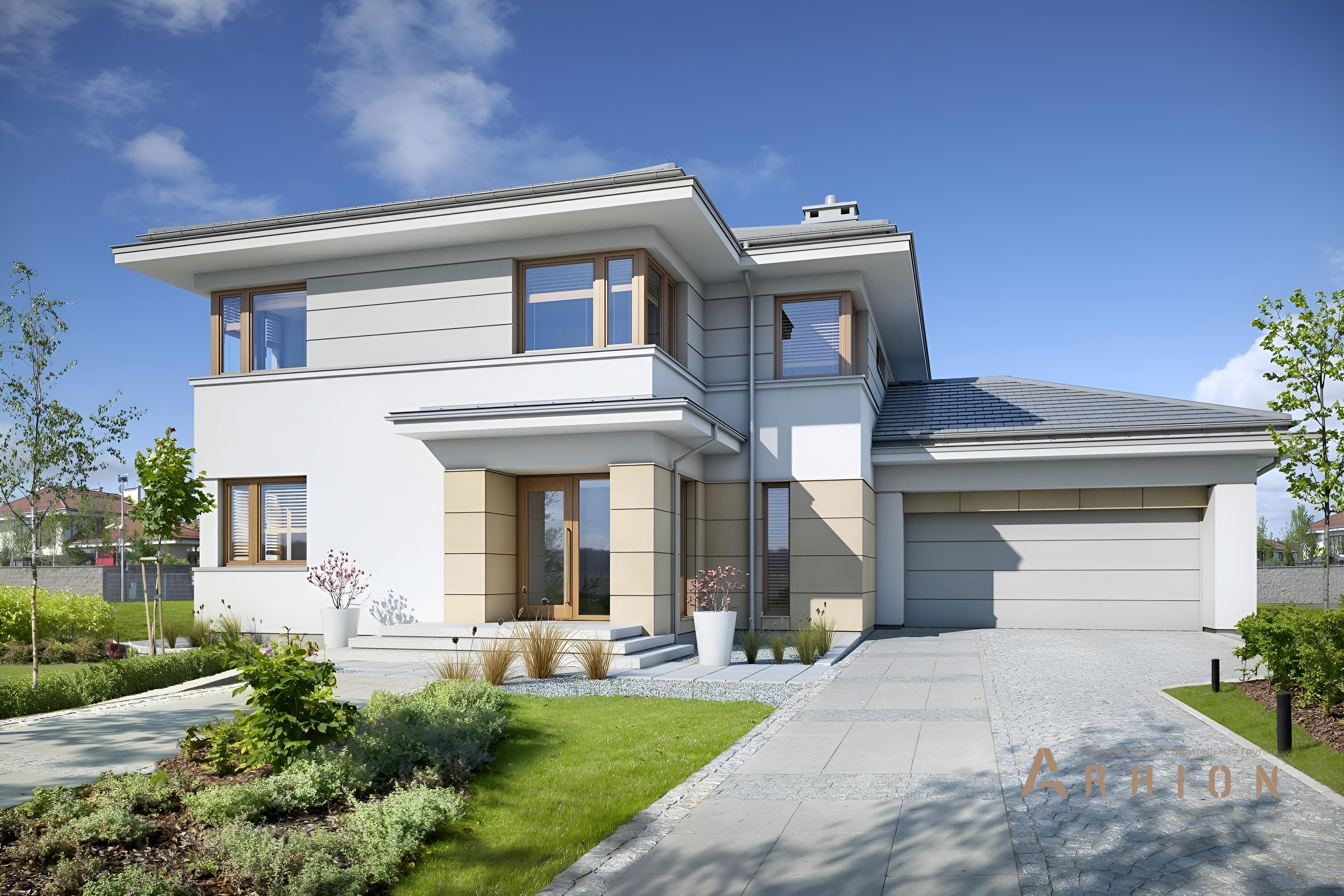 2. Проект двухэтажного дома в современном стиле с четырехскатной, BY-9, площадью - 268 кв c мансардой, гаражом