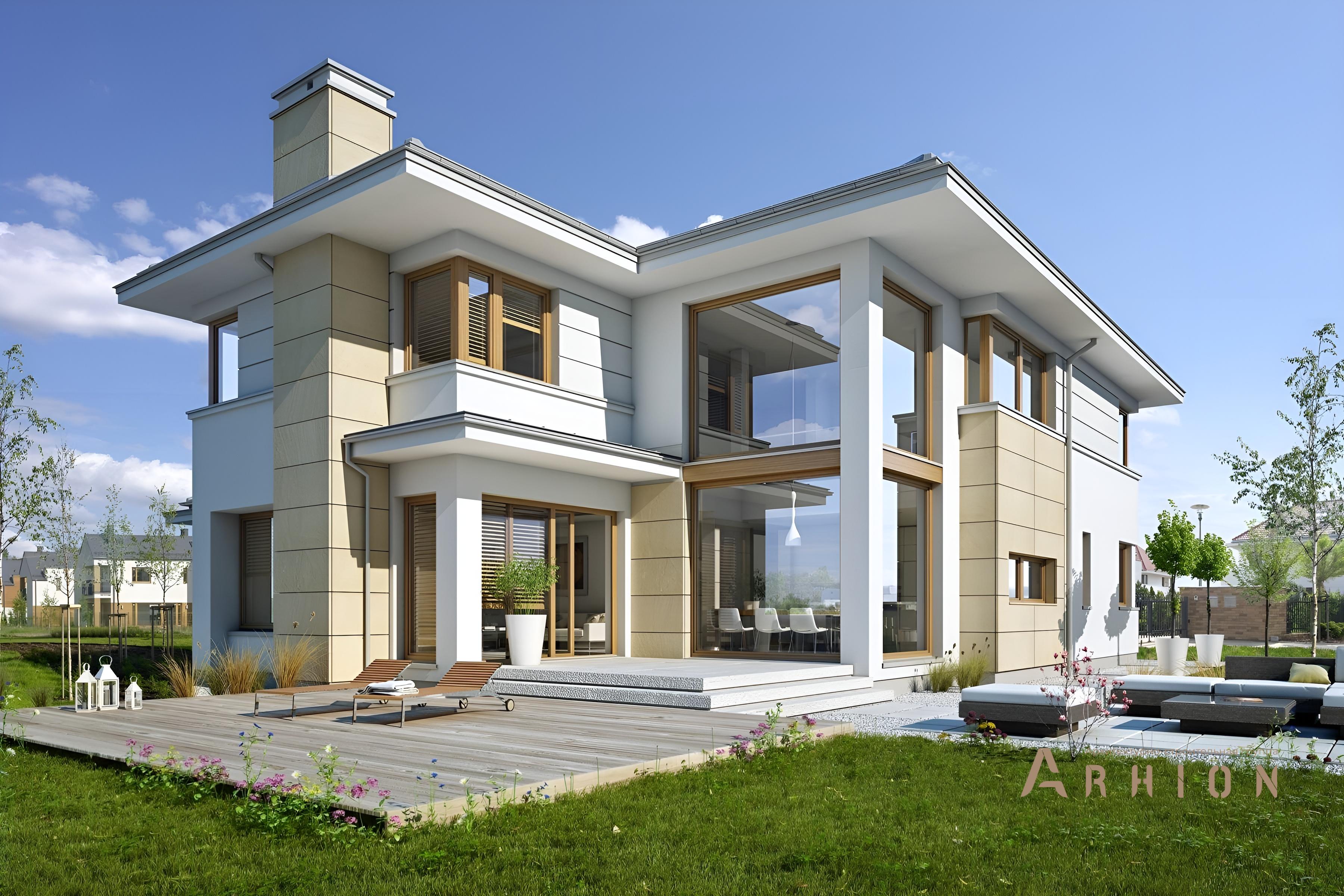 1. Проект двухэтажного дома в современном стиле с четырехскатной, BY-9, площадью - 268 кв c мансардой, гаражом