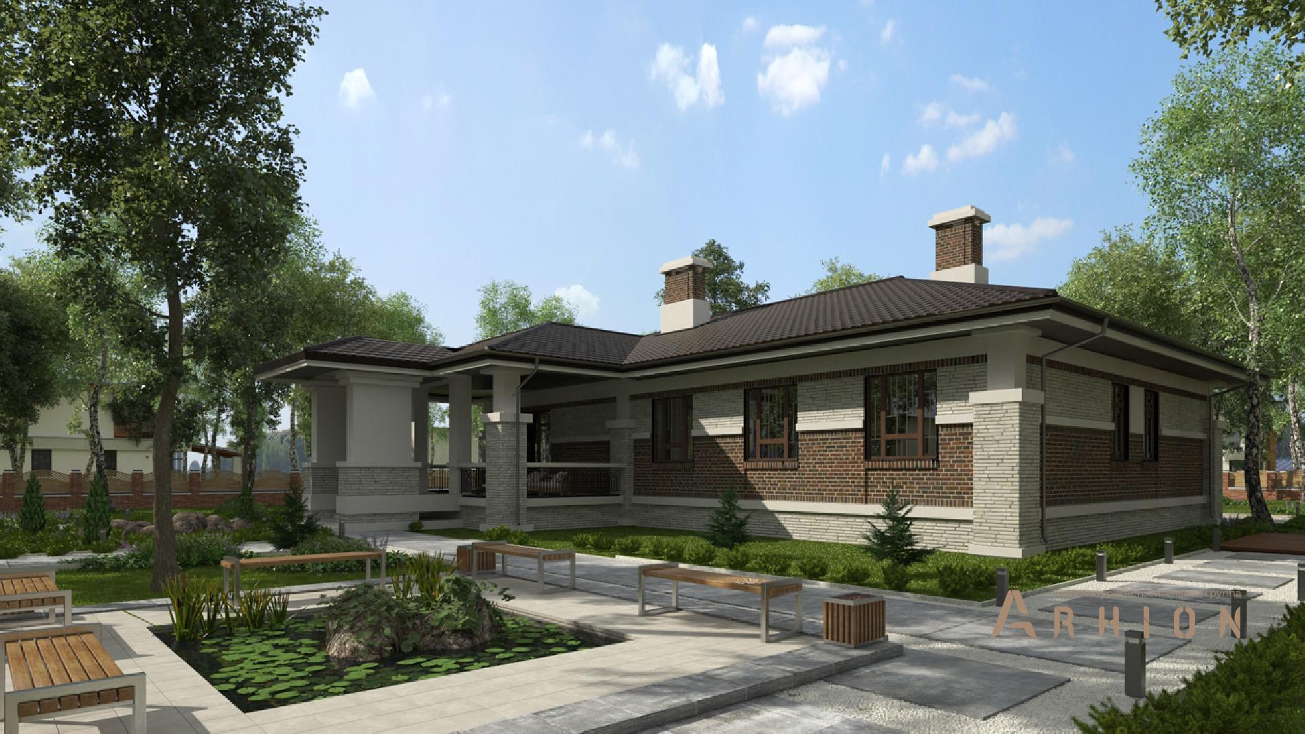 7. Проект одноэтажного дома в стиле Ллойда Райта (прерий) с четырехскатной, cp-08-02, площадью - 418 кв c цокольным этажом, сауной, терассой