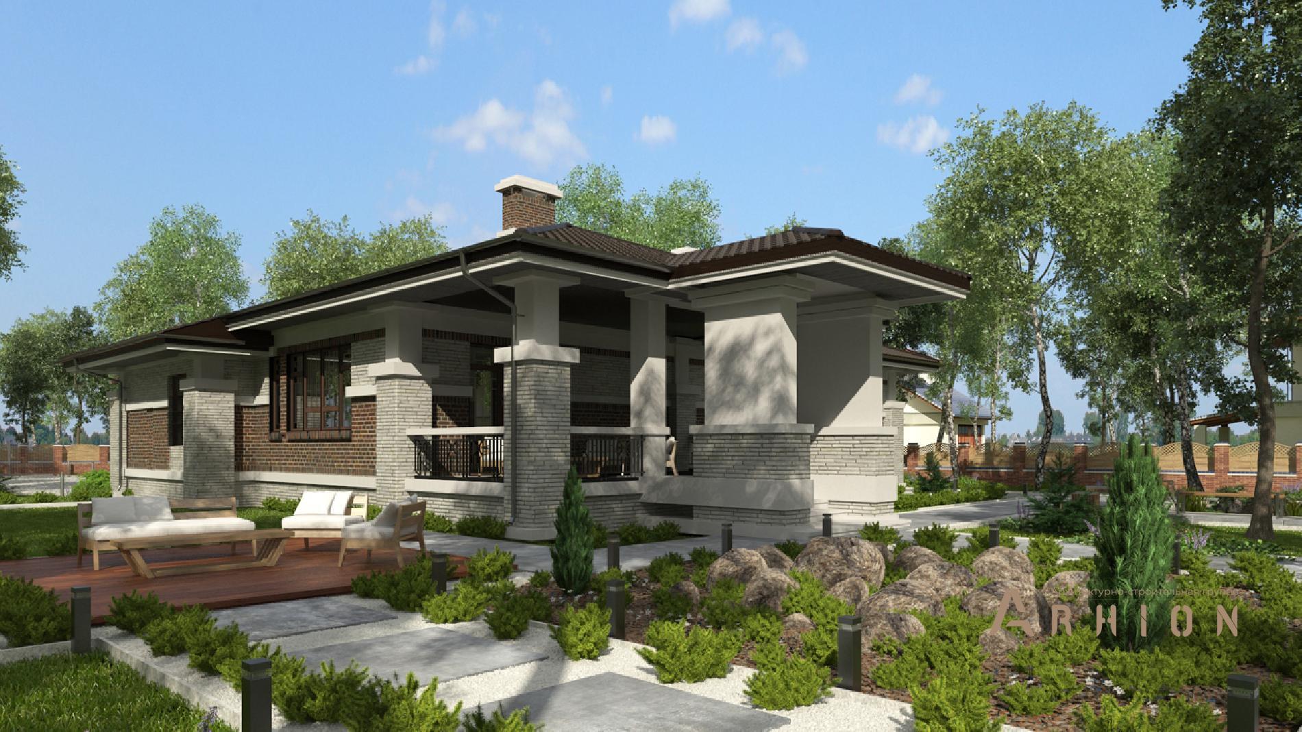 6. Проект одноэтажного дома в стиле Ллойда Райта (прерий) с четырехскатной, cp-08-02, площадью - 418 кв c цокольным этажом, сауной, терассой