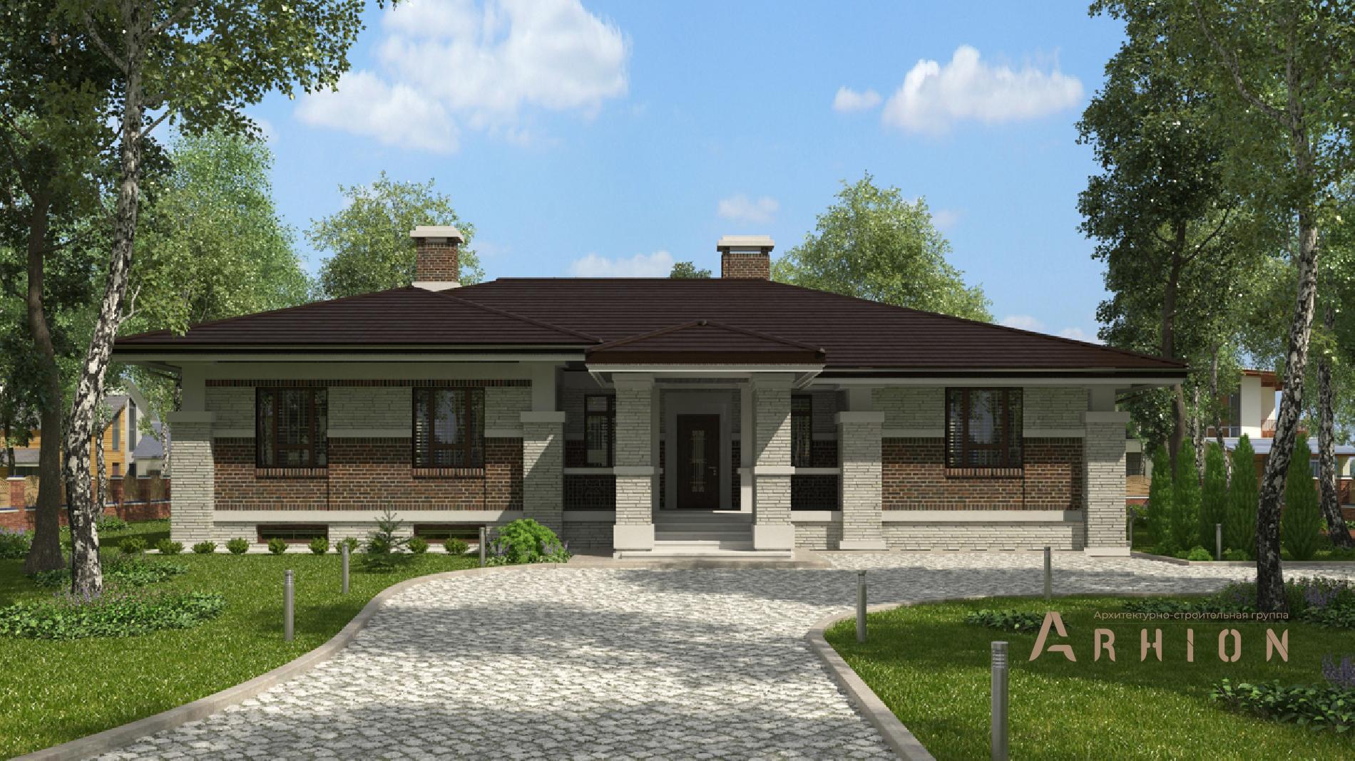 1. Проект одноэтажного дома в стиле Ллойда Райта (прерий) с четырехскатной, cp-08-02, площадью - 418 кв c цокольным этажом, сауной, терассой