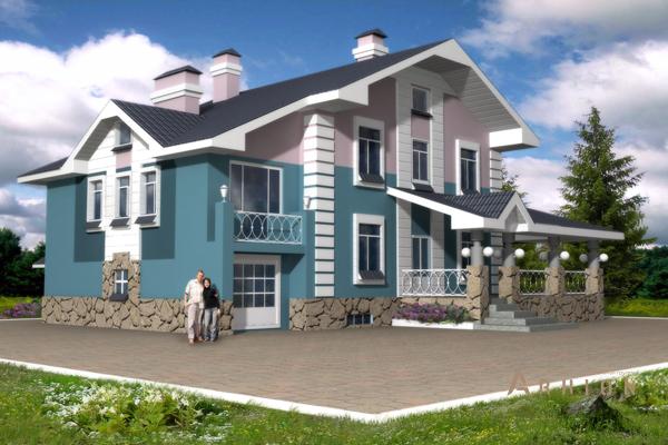 1. Проект двухэтажного дома в современном стиле с двускатной кровлей, cp-10-29, площадью - 292 кв c цокольным этажом, мансардой