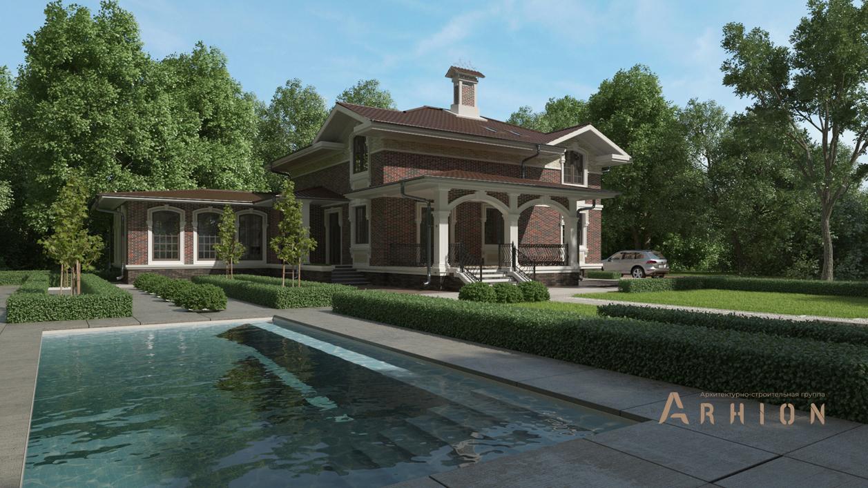 3. Проект одноэтажного дома в английском стиле с четырехскатной, cp-13-67, площадью - 296 кв c мансардой, сауной, терассой, гаражом, бассейном