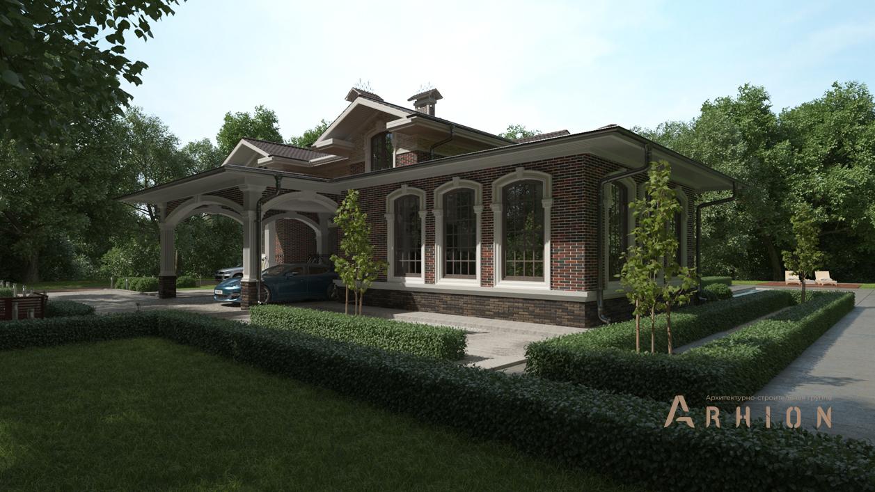 1. Проект одноэтажного дома в английском стиле с четырехскатной, cp-13-67, площадью - 296 кв c мансардой, сауной, терассой, гаражом, бассейном