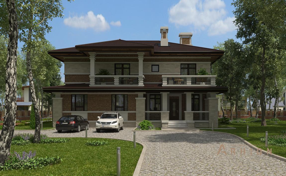 1. Проект двухэтажного дома в стиле Ллойда Райта (прерий) с четырехскатной, cp-14-55, площадью - 351 кв c цокольным этажом, терассой, балконом, вторым светом