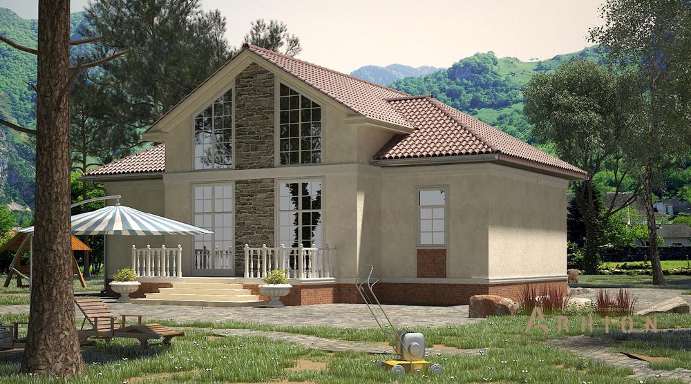 2. Проект одноэтажного дома в современном стиле с плоской кровлей , cp-14-74, площадью - 149 кв c мансардой, терассой, вторым светом