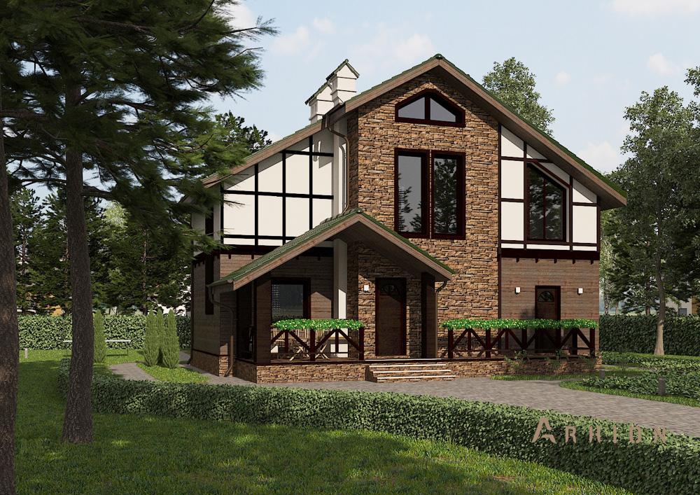 1. Проект одноэтажного дома в финском стиле с двускатной кровлей, cp-14-84, площадью - 212 кв c цокольным этажом, мансардой