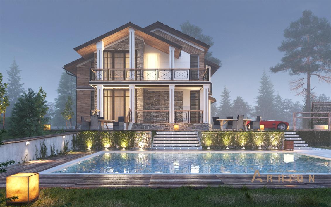 1. Проект одноэтажного дома в альпийском стиле с двускатной кровлей, cp-15-20, площадью - 147 кв c мансардой, терассой