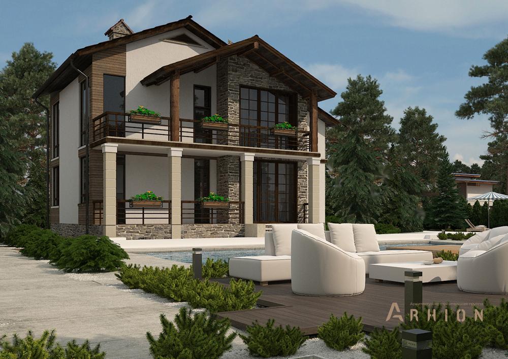 2. Проект двухэтажного дома в финском стиле с двускатной кровлей, cp-16-41, площадью - 324 кв c цокольным этажом, сауной, терассой, балконом, эркером