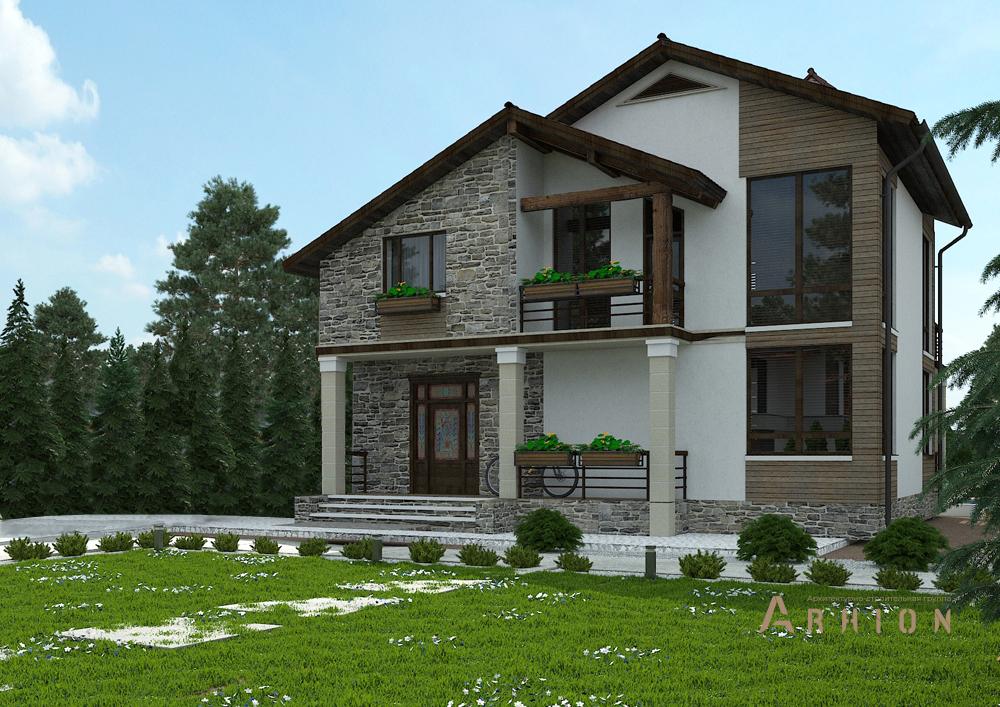 1. Проект двухэтажного дома в финском стиле с двускатной кровлей, cp-16-41, площадью - 324 кв c цокольным этажом, сауной, терассой, балконом, эркером