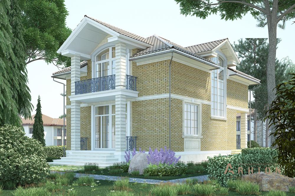 1. Проект двухэтажного дома в классическом стиле с многоскатной кровлей, cp-16-43, площадью - 106 кв c терассой, балконом