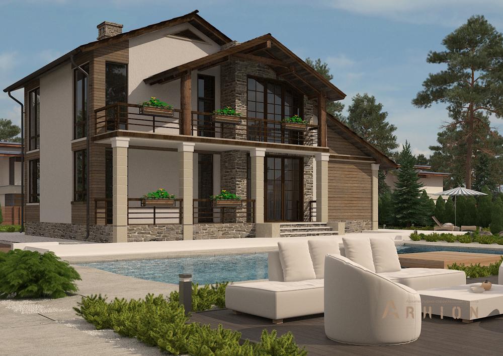 1. Проект двухэтажного дома в современном стиле с двускатной кровлей, cp-16-76, площадью - 189 кв c балконом, гаражом