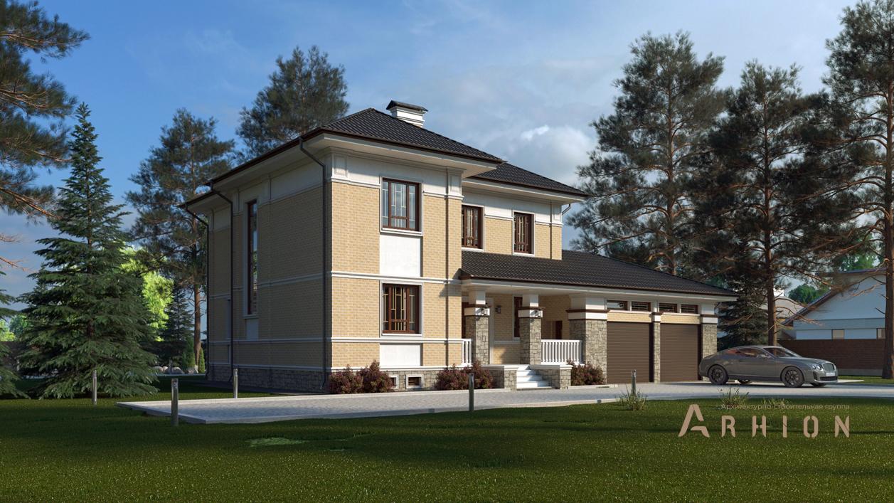 1. Проект двухэтажного дома в современном стиле с четырехскатной, cp-17-02, площадью - 354 кв c цокольным этажом, терассой, балконом, гаражом