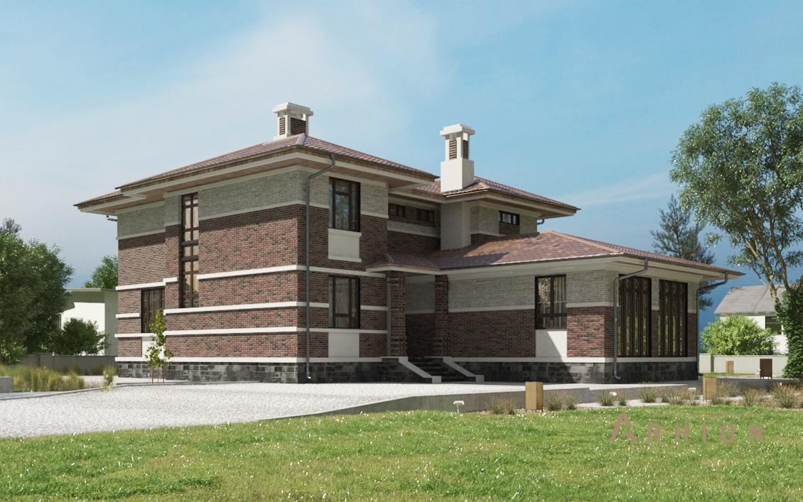 1. Проект двухэтажного дома в современном стиле с четырехскатной, cp-17-20, площадью - 415 кв c цокольным этажом