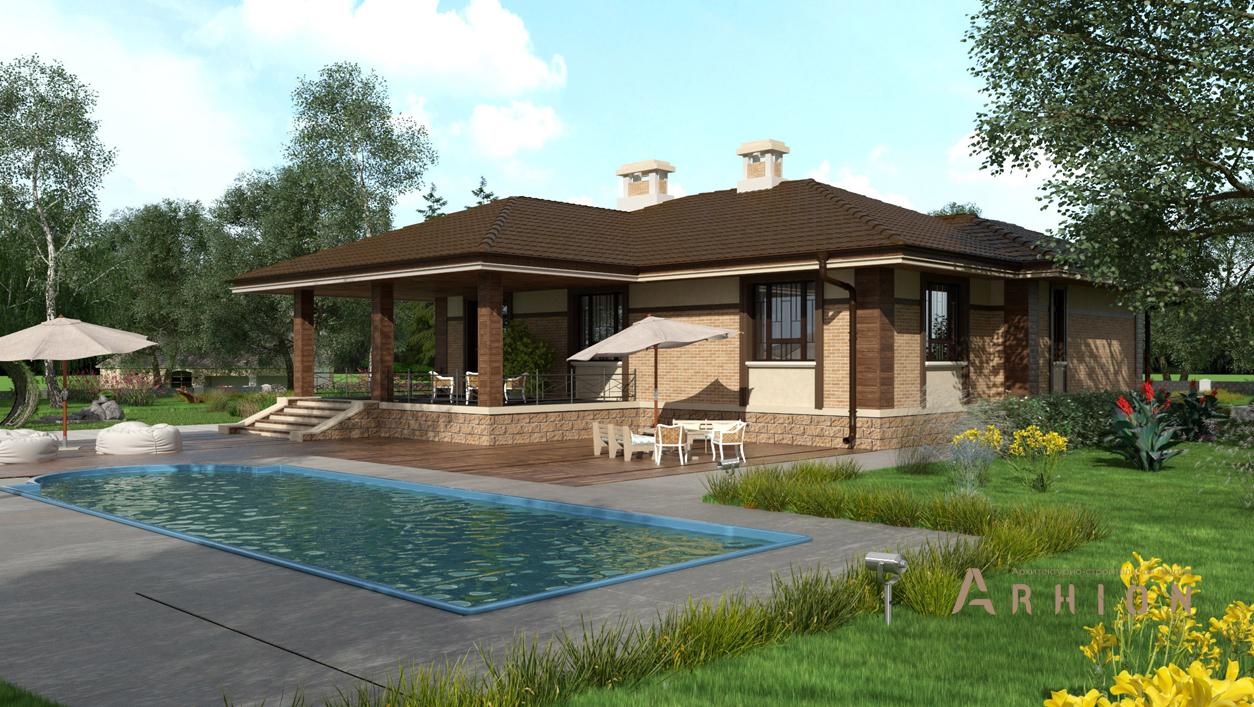 2. Проект одноэтажного дома в стиле Ллойда Райта (прерий) с четырехскатной, cp-17-33, площадью - 286 кв c цокольным этажом, сауной, терассой