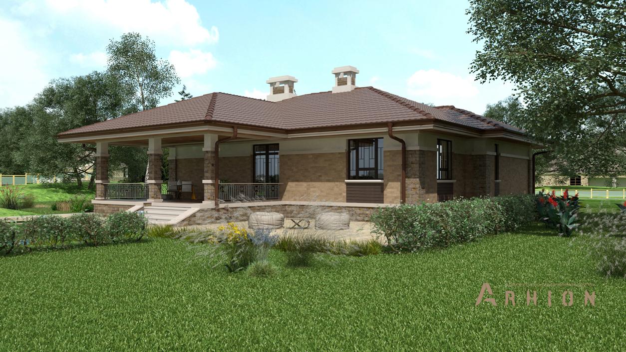 2. Проект одноэтажного дома в современном стиле с четырехскатной, cp-17-35, площадью - 324 кв c цокольным этажом, сауной, терассой, гаражом, эркером