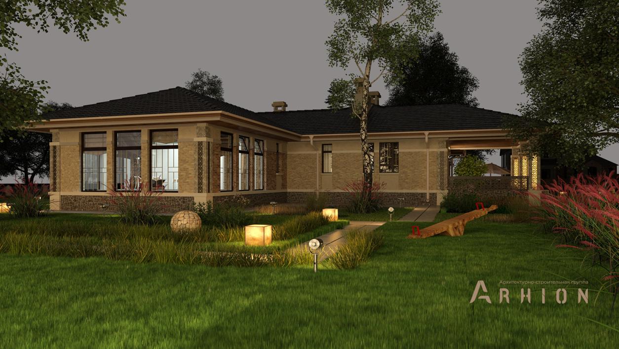 3. Проект одноэтажного дома в современном стиле с четырехскатной, cp-17-42, площадью - 343 кв c цокольным этажом, сауной, терассой, гаражом, бассейном, эркером