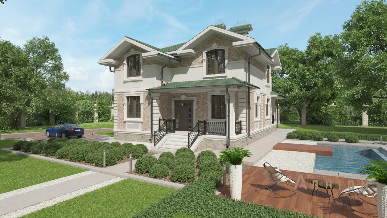 1. Проект двухэтажного дома в современном стиле с четырехскатной, cp-17-50, площадью - 265 кв c цокольным этажом