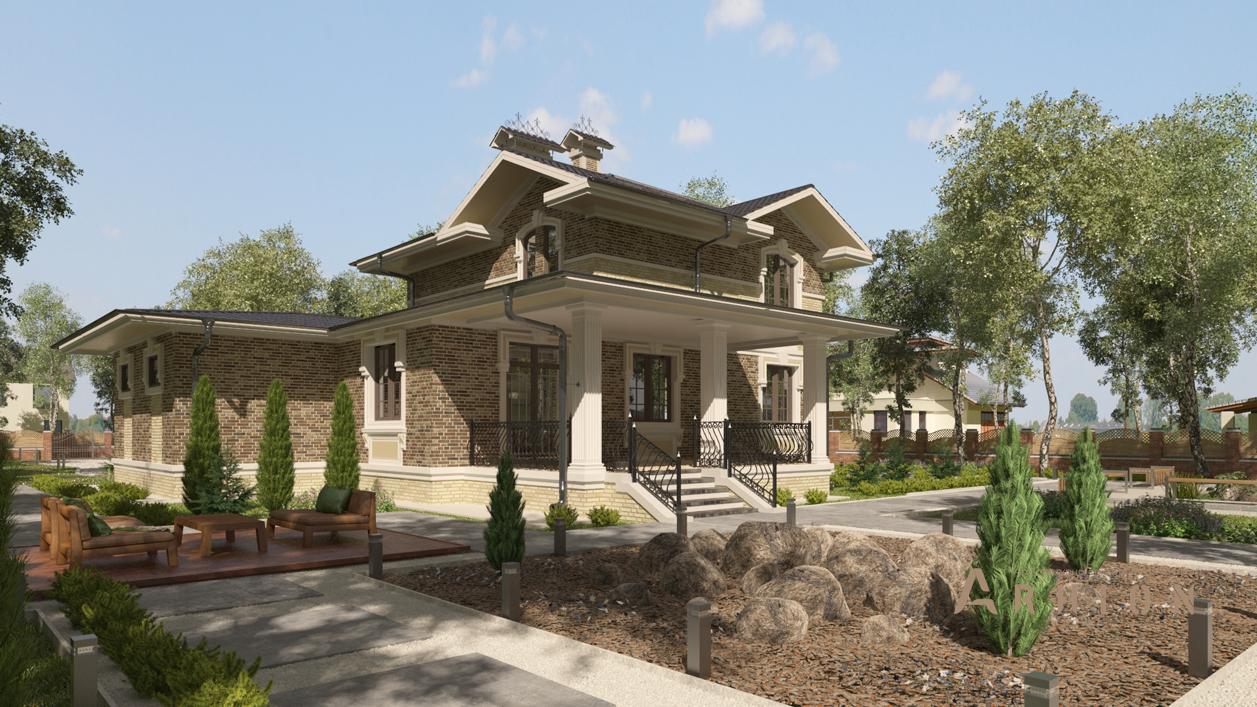 2. Проект двухэтажного дома в современном стиле с плоской кровлей , cp-17-52, площадью - 349 кв c цокольным этажом, гаражом