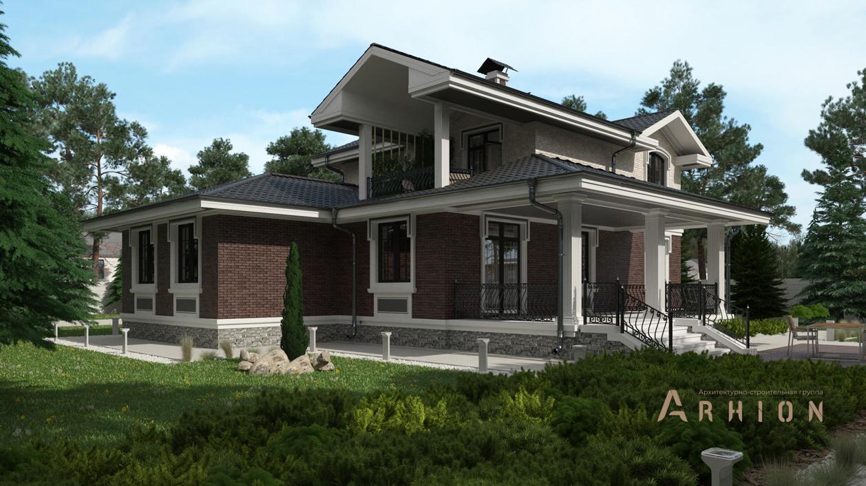 2. Проект двухэтажного дома в английском стиле с плоской кровлей , cp-17-54, площадью - 393 кв c цокольным этажом, сауной, терассой, балконом