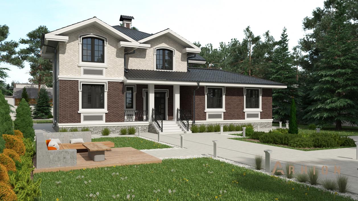 1. Проект двухэтажного дома в английском стиле с плоской кровлей , cp-17-54, площадью - 393 кв c цокольным этажом, сауной, терассой, балконом