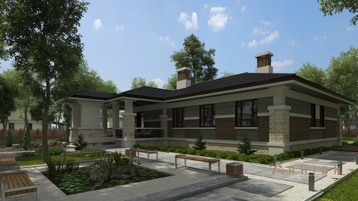 2. Проект одноэтажного дома в стиле Ллойда Райта (прерий) с многоскатной кровлей, cp-20-09, площадью - 217 кв c сауной, терассой, гаражом