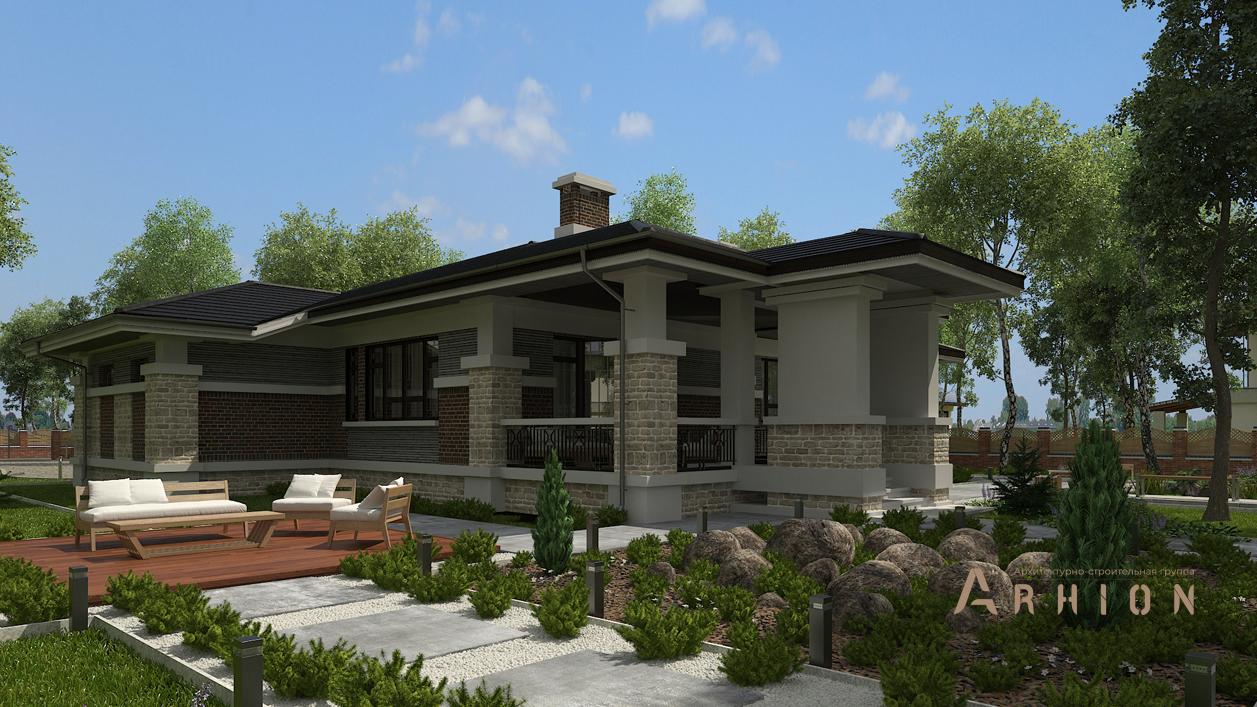 3. Проект одноэтажного дома в стиле Ллойда Райта (прерий) с многоскатной кровлей, cp-20-09, площадью - 217 кв c сауной, терассой, гаражом