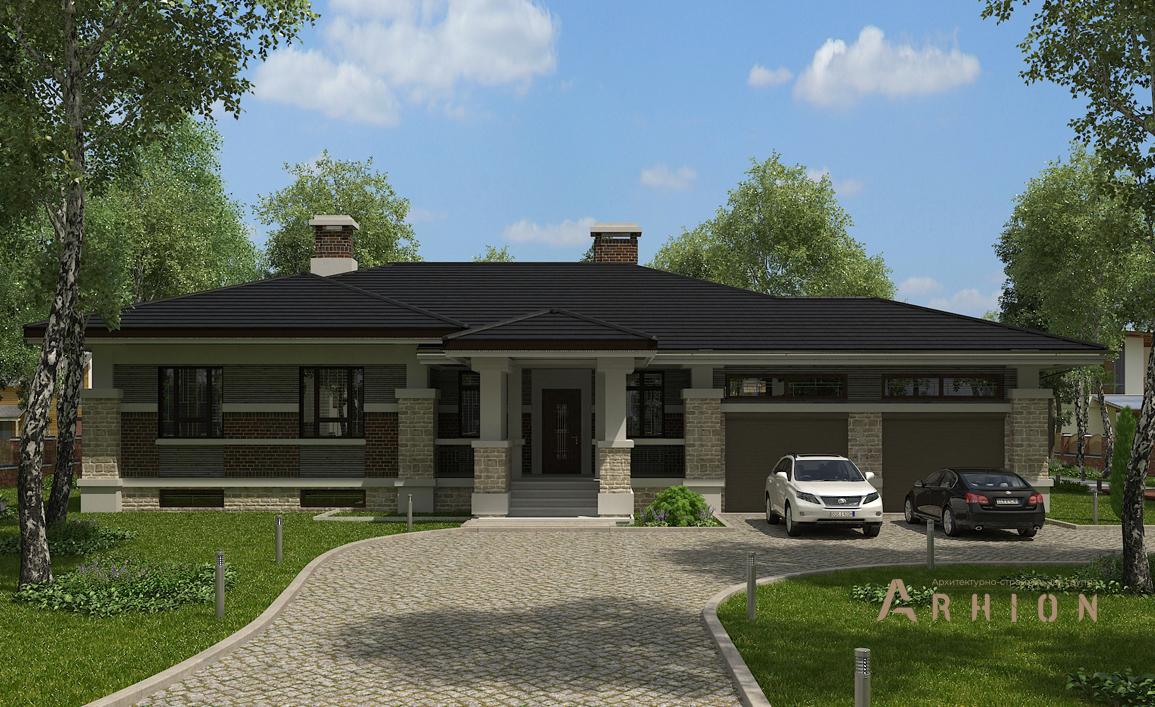 1. Проект одноэтажного дома в стиле Ллойда Райта (прерий) с многоскатной кровлей, cp-20-09, площадью - 217 кв c сауной, терассой, гаражом