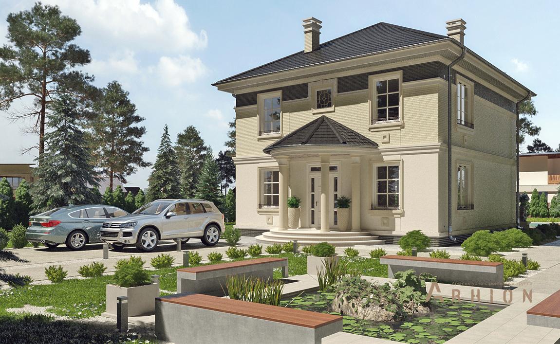 1. Проект двухэтажного дома в современном классическом стиле с четырехскатной, cp-20-36, площадью - 152 кв c терассой, балконом, эркером