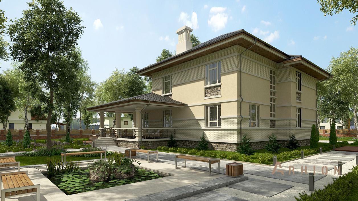 3. Проект двухэтажного дома в современном стиле с четырехскатной, cp-20-45, площадью - 403 кв c цокольным этажом, терассой, балконом, гаражом