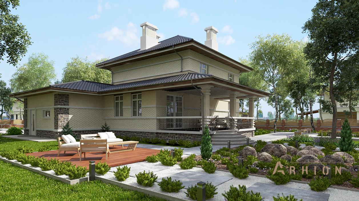 4. Проект двухэтажного дома в современном стиле с четырехскатной, cp-20-45, площадью - 403 кв c цокольным этажом, терассой, балконом, гаражом