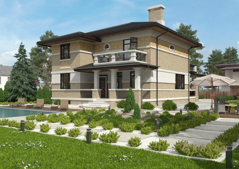 1. Проект двухэтажного дома в современном стиле с четырехскатной, cp-20-63, площадью - 293 кв c цокольным этажом