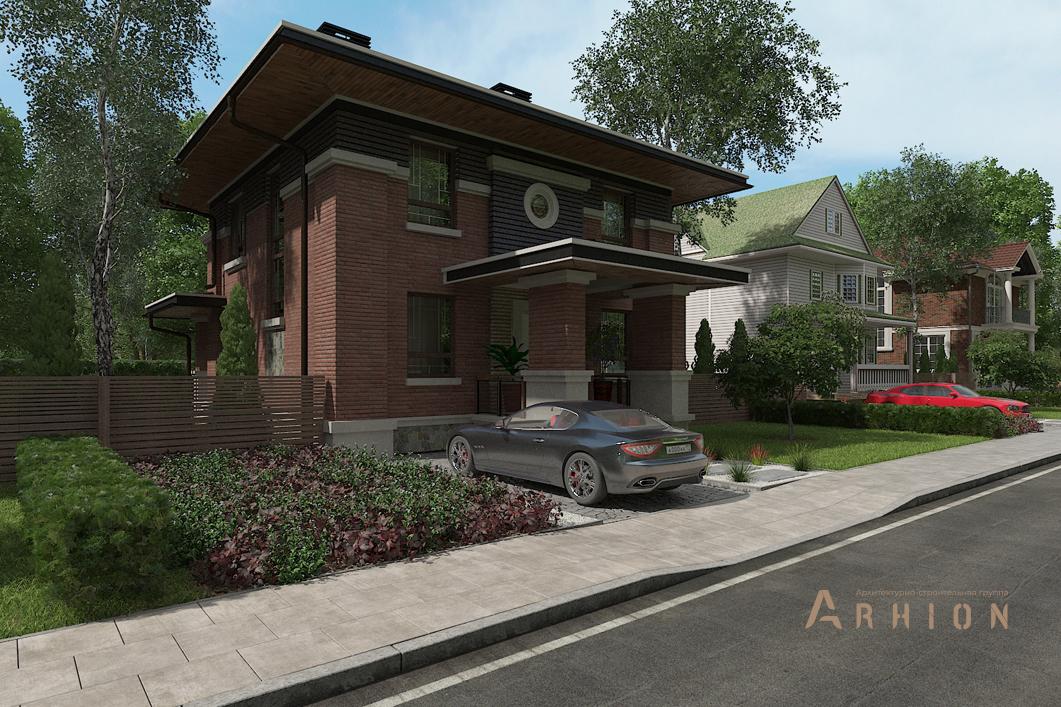 1. Проект двухэтажного дома в стиле Ллойда Райта (прерий) с четырехскатной, cp-20-71, площадью - 239 кв c цокольным этажом, терассой