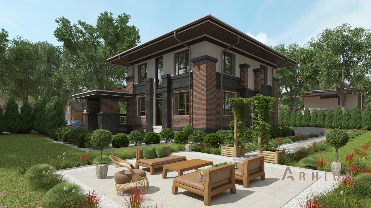 2. Проект двухэтажного дома в стиле Ллойда Райта (прерий) с четырехскатной, cp-20-80, площадью - 337 кв c цокольным этажом, сауной, терассой, балконом, гаражом