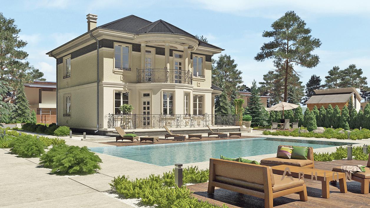 2. Проект двухэтажного дома в современном стиле с плоской кровлей , cp-20-86, площадью - 228 кв c цокольным этажом, сауной, терассой, балконом, эркером