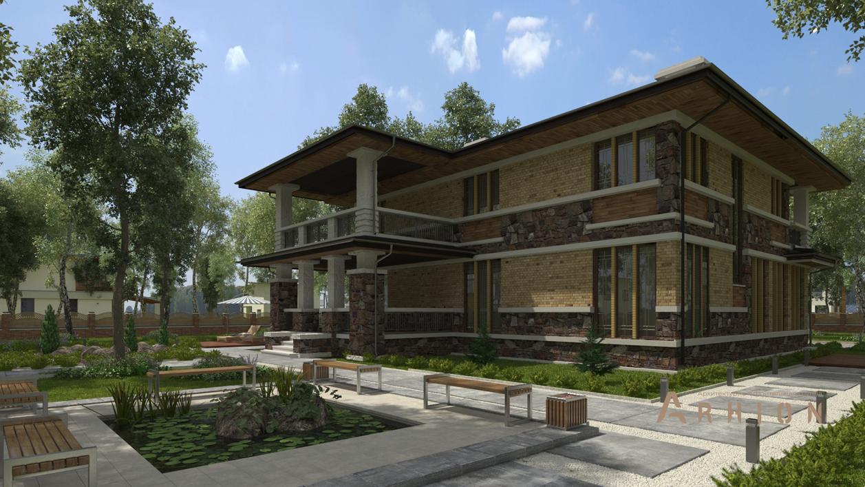 2. Проект двухэтажного дома в современном стиле с плоской кровлей , cp-20-97, площадью - 433 кв c цокольным этажом, мансардой