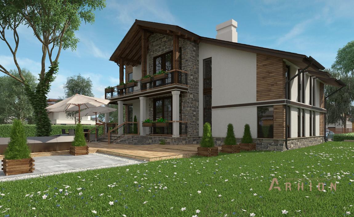 3. Проект двухэтажного дома в современном стиле с двускатной кровлей, cp-21-11, площадью - 343 кв c цокольным этажом, гаражом