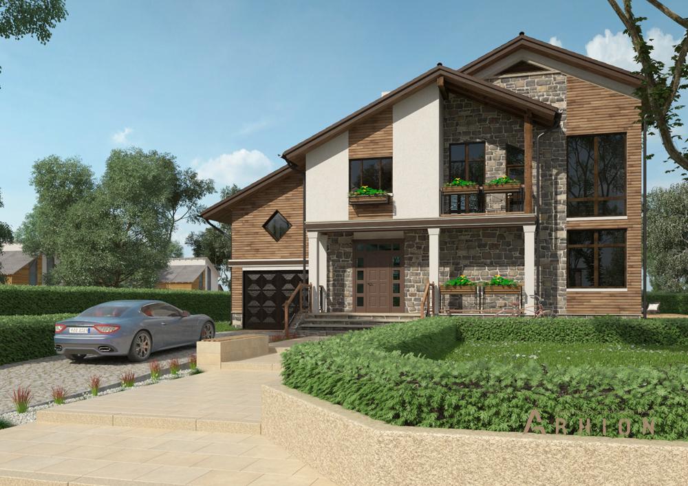 1. Проект двухэтажного дома в современном стиле с двускатной кровлей, cp-21-11, площадью - 343 кв c цокольным этажом, гаражом