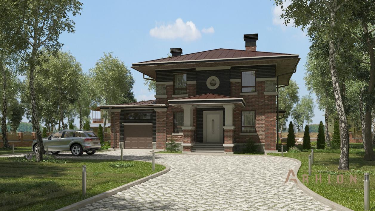 1. Проект двухэтажного дома в современном стиле с четырехскатной, cp-21-17, площадью - 197 кв c терассой, гаражом