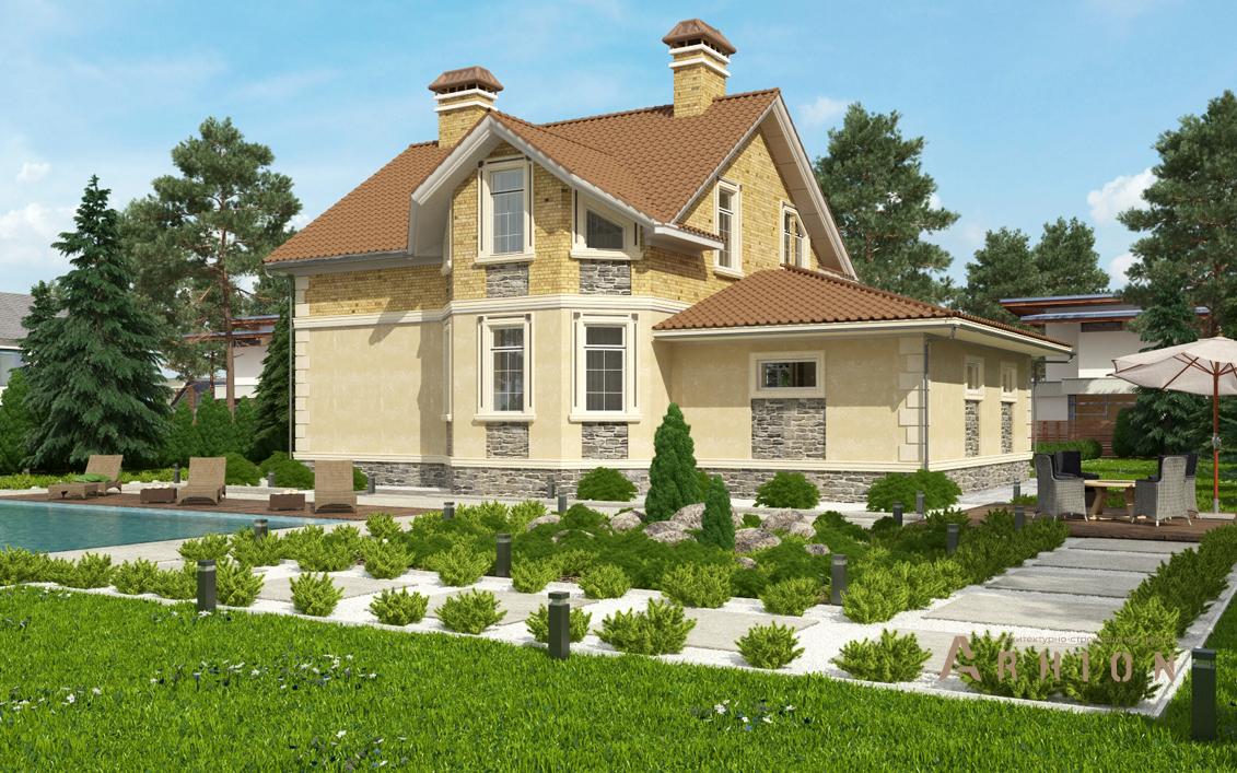 3. Проект одноэтажного дома в современном стиле с двускатной кровлей, cp-21-43, площадью - 208 кв c цокольным этажом, мансардой, гаражом