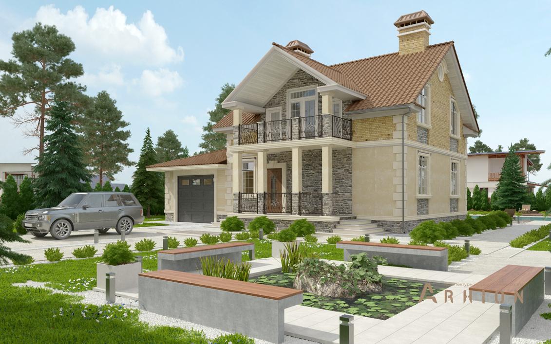 1. Проект одноэтажного дома в современном стиле с двускатной кровлей, cp-21-43, площадью - 208 кв c цокольным этажом, мансардой, гаражом