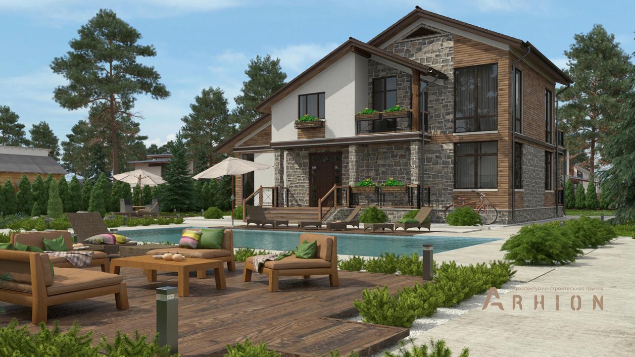 2. Проект двухэтажного дома в современном стиле с двускатной кровлей, cp-21-51, площадью - 313 кв c терассой, балконом, бассейном