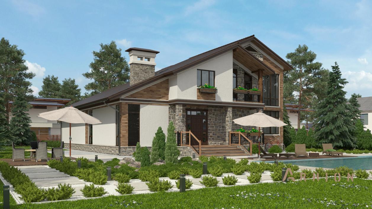 3. Проект двухэтажного дома в современном стиле с двускатной кровлей, cp-21-51, площадью - 313 кв c терассой, балконом, бассейном