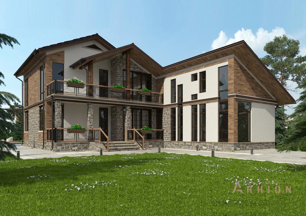 1. Проект двухэтажного дома в современном стиле с двускатной кровлей, cp-21-51, площадью - 313 кв c терассой, балконом, бассейном