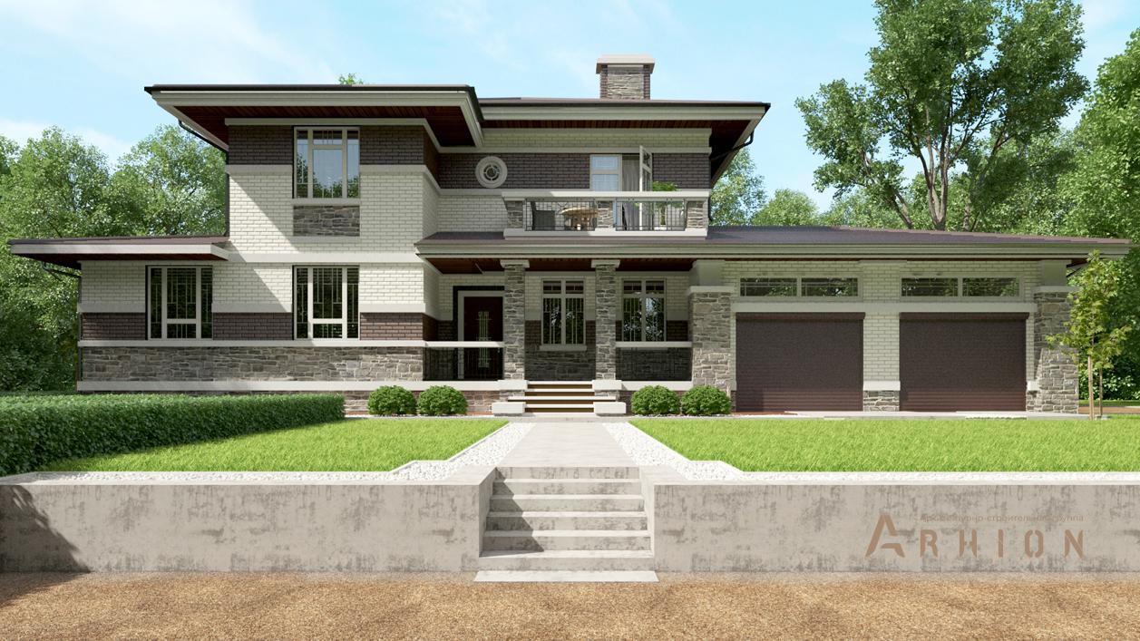 4. Проект двухэтажного дома в стиле Ллойда Райта (прерий) с четырехскатной, cp-21-56, площадью - 283 кв c терассой, балконом, гаражом