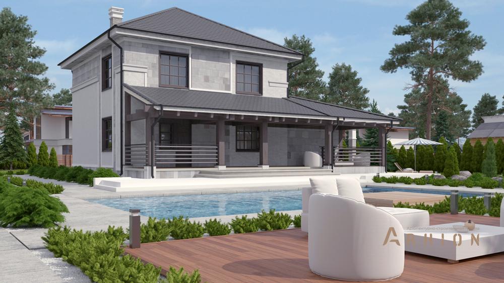 5. Проект двухэтажного дома в классическом стиле с плоской кровлей , cp-21-66, площадью - 174 кв c цокольным этажом, сауной, терассой, гаражом